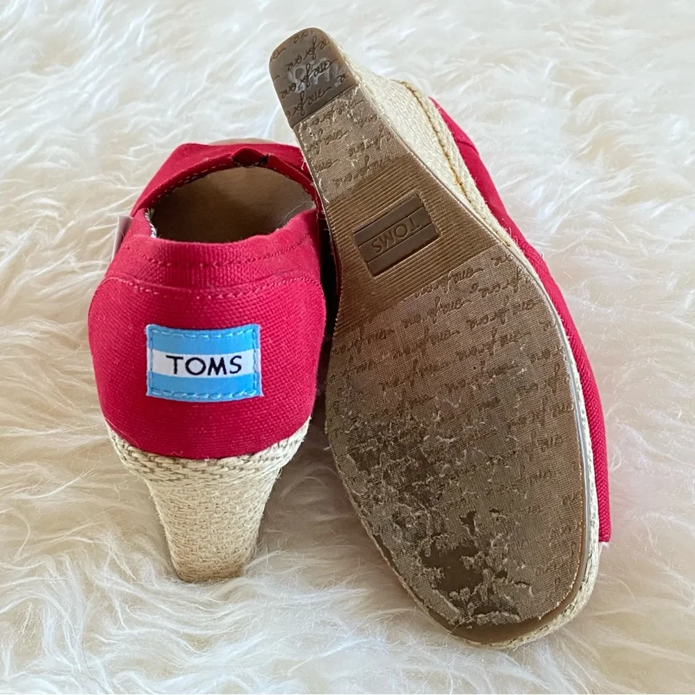 TOMS Red Canvas Espadrille Wedge Sandals, size 8
